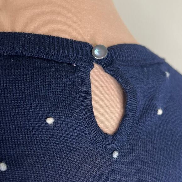 J.Crew Wool Sweater Medium Womens Navy Blue Embroidered Polka Dot Knit Keyhole - Picture 5 of 9